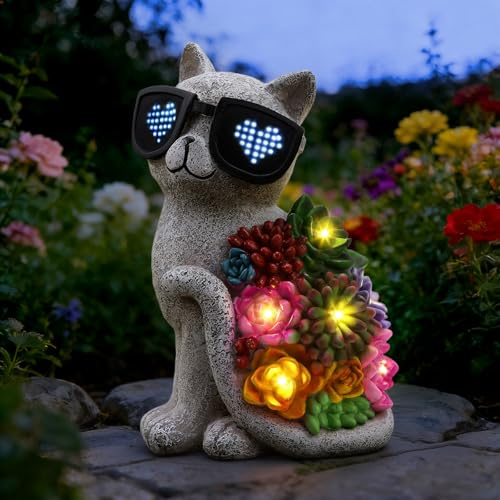 Solar Gartenfiguren Katze Gartendeko für Draußen, Wetterfeste Katze Gartenfigur mit Sukkulenten & LED Leuchten, Geschenk für Mama/Frauen, Deko für Balkon, Terrasse und Rasen