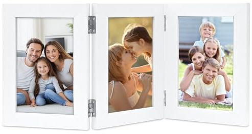 ROYUEXT Bilderrahmen Collage 10x15cm Holz klappbar Dreifach-Bilderrahmen | Weiß Fotorahmen 3 Bilder zur vertikalen Platzierung auf dem Schreibtisch