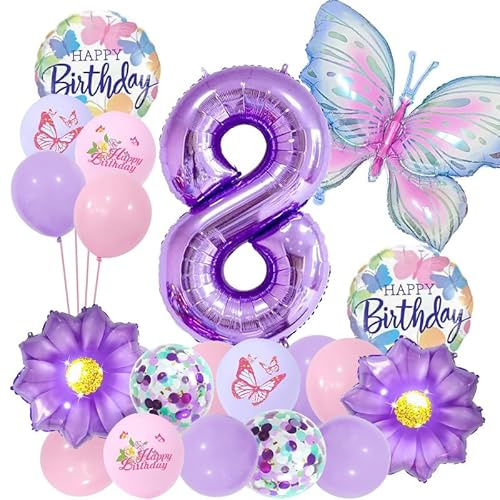 RNHDLY 20 Stück Geburtstagsdeko Schmetterling Mädchen, Nummer 8 | Folienballons Lila Rosa Geburtstag Deko, Schmetterlinge Deko für Themen Party Festival Dekoration