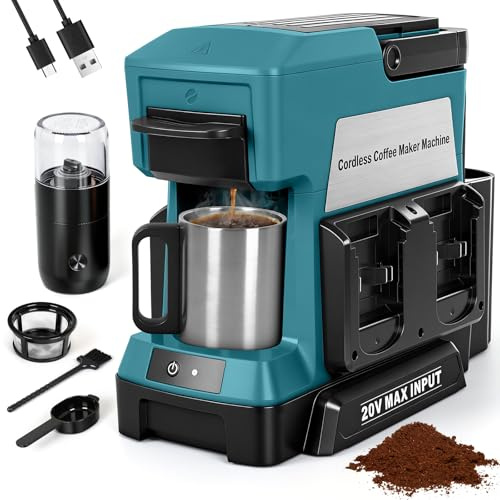 LEZZYRUCK Cafetera inalámbrica para batería Makita de 18 V (sin batería), cafetera portátil de goteo con molinillo de café eléctrico y taza de café, para caravana, camping, viajes