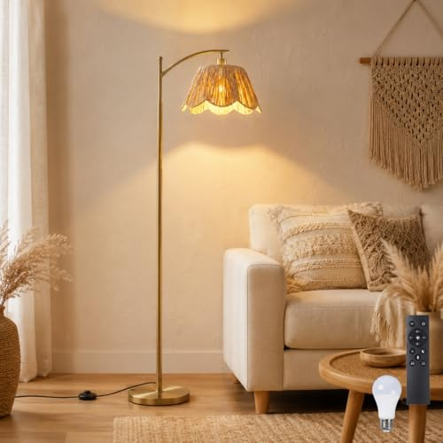 HEMVOR Stehlampe Wohnzimmer Boho, Raffia Lampenschirm in Blütenform, Dimmbar mit Fernbedienung, Timer, 3 Lichtmodi und Speicherfunktion, Gold Bogenlampe Fußschalter für Schlafzimmer & Büro, H170cm