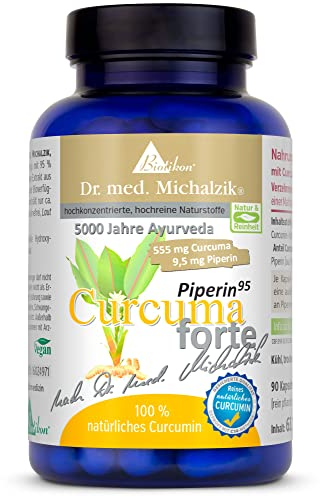 Curcuma Piperin forte Dr. med. Michalzik hoher Curcumin-Gehalt - 527,25 mg Curcuminoide - 10 mg Piperin Extrakt (95% Piperin) je Kapsel REIN NATÜRLICH nachgewiesen C14 ISOTOPEN ANALYSE - von BIOTIKON®