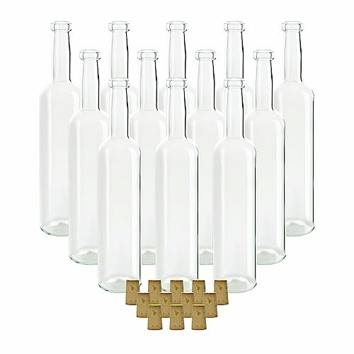 gouveo 12er Set Glasflaschen Bordeaux-Form 500 ml (0,50 l) Glasflasche 500 ml Bordeaux mit Spitzkorken, transparente Flaschen zum Befüllen für Likör, Saft, Sirup, Öl & Essig, DIY (SK)