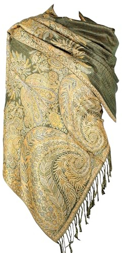 Achillea Luxueux châle pashmina double couche jacquard grand cachemire, vert olive, 80 X 28'