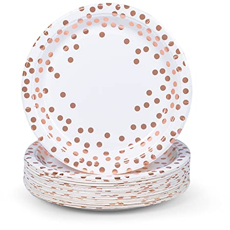 MATICAN Lot de 50 assiettes jetables en carton blanc et or rose, à pois en aluminium, 22,9 cm