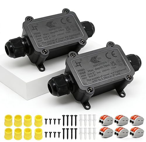 2 Wege Junction Box, IP68 Abzweigdose, HUYU wasserdichte Verteilerdose, Verbindungsdose Außen, Klemmdose mit M20, Klemmen, Elektrisches Kabel Wire Connector für Ø 5mm-12mm Kabeldurchmesser, 2 Stck.