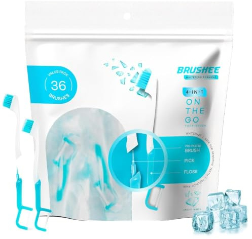 Brushee 4-i-1 Engångständborstar med Tandkräm 120 | Mini tandborste med tandkräm, tandtråd och pick, inget vatten behövs, individuellt förpackad, under resan, 120-pack