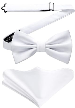 HISDERN Nœuds Papillon pour Hommes et Mouchoir avec Crochet déjà lié et Réglable Couleur Unie Nœud Papillons Blanc Homme Carré de Poche Ensemble