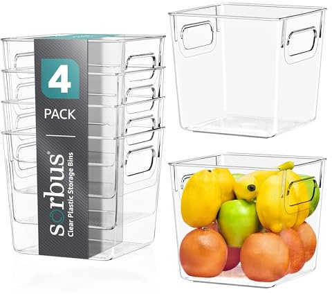 Sorbus Small Clear Plastic Storage Bins for Shelves, Clothes, with Handle - Clear Storage Bins, Drawer, Shelf, Closet, Pantry, Fridge, Freezer Organizer Bins, Closet Organizers and Storage (4 pack)