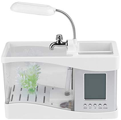 EVTSCAN Small Aquarium, Multifunktionales USB-Aquarium mit wiederaufladbarem USB-Aquarium und LED-Uhr mit Uhrfunktion für das Home-Office-Dekor(Weiß)