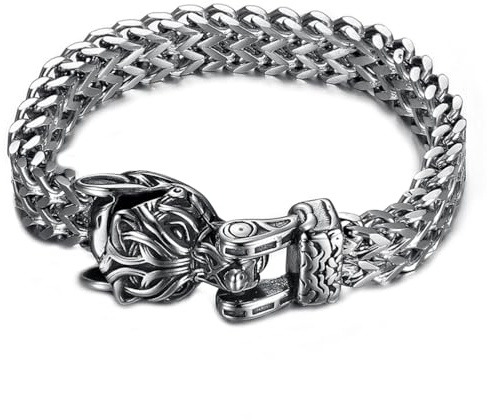 PBTMCD Wolfkopf Manschette Armband, Handgemachte Schwere Webart Edelstahl Punk Biker Armband Kette Fenrir Wikinger Herren Amulett Schmuck Armreif Arm Ring