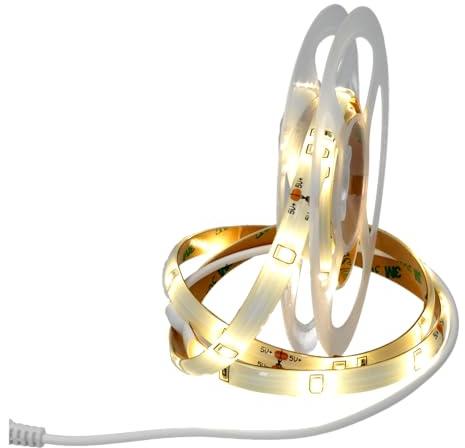 Jandei – Tira Luces LED 5V 1Metro, Sensor Movimiento, Flexible y Adhesiva, No Necesita Enchufe. Iluminación Nocturna Armario, Bajo Mueble, Cama, Escalera (Con pilas AAA - Luz cálida)