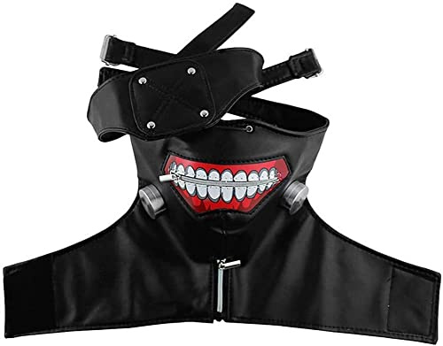 3D-Maske Tokyo Ghoul Cosplay-Maske, Halloween-Kostüm, PU-Leder, Ken Kaneki Maske, verstellbar, schreckliche Maske mit Reißverschluss, mit abnehmbarer Augenklappe, Halbmaske mit Perücke für Erwachsene