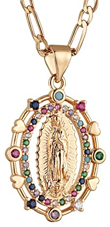 HZMAN 14K Gold plattiert Oval Cutout Herz Jungfrau Maria Gebet Halskette Amulett Unsere Liebe Frau von Guadalupe Anhänger Multicolor Cubic Zirconia Frauen Tochter Geschenk