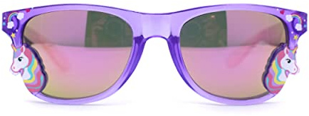 SA106 Girls Kid Size Rainbow Unicorn Badge Horn Rim Sunglasses Purple Mirror