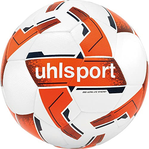 uhlsport 290 ULTRA LITE SYNERGY, Junior Spiel- und Trainingsball, Fußball, für Kinder bis zu 10 Jahren, Größe 4, weiß/fluo orange/marine