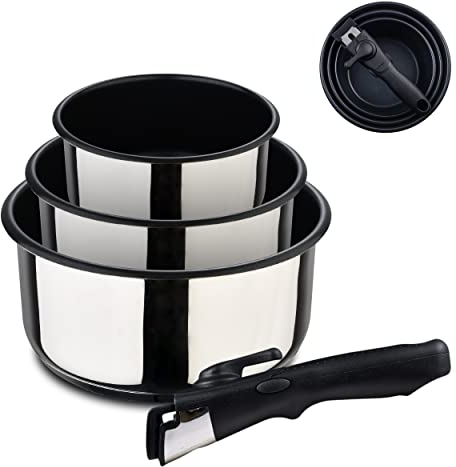 BERGNER| Set de Casseroles 4 Pièces | Acier Inoxydable et Antiadhésif | 3 Casseroles de 16, 18 et 20 cm + 1 Manche Ergonomique Amovible | Pour tous Types de Cuisinières et de Four
