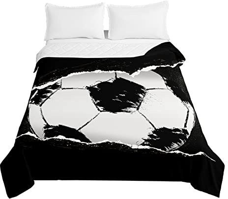 Odot Fußball Steppdecke Tagesdecke Gesteppte Bettüberwurf für Doppelbett Einzelbett Kinder Bettdecke Stepp Decke Tagesdecken Wohndecke Alle Jahreszeiten (180x220cm,Schwarzer Fußball)