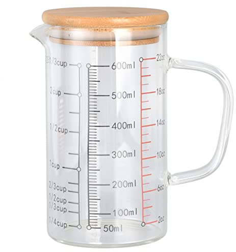 Taza Medidora, Taza Medidora De Vidrio, Boquilla En Forma De V Escala Transparente Agarre Cómodo Tazas De Café De Vidrio De Borosilicato Con Tapa De Taza De Bambú Para Cocina O Restaurante(600ML)