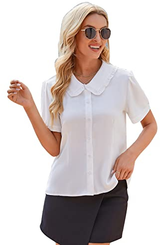 GOSO Chemise à manches courtes pour femme avec col claudine et boutons 2023, 04 Blanc, M
