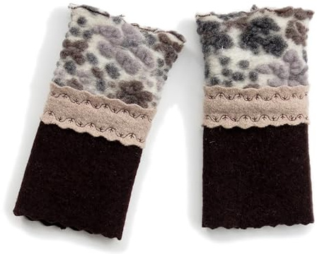 Armstulpen/Pulswärmer: Walkwolle (Walkloden, Kochwolle) in tiefem Braun und in Beige-Farbe, dehnbare Walkwolle (Strickwalk) in Weiß (floraler Motiv in Grau und Braun)