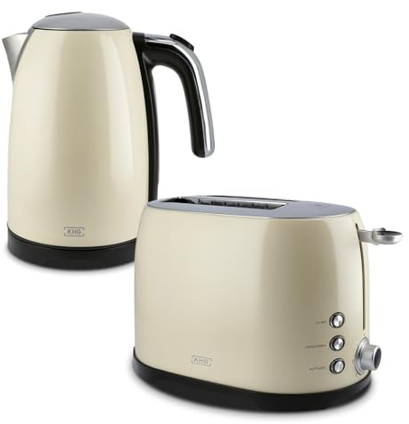 KHG Retro-Frühstücksset cremebeige mit Wasserkocher und Toaster, 2-teilig | Vintage-Set mit 1,7 L Kocher, 2 Toastscheiben, 360° Sockel, Druckknopföffnung, Röstgradeinstellung und Auftauen
