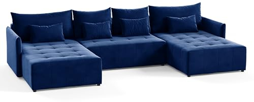 Wohnlandschaft Leno U mit Schlaffunktion - U-Form Couch, Ecksofa mit Bettkasten, Couchgranitur mit Bettfunktion, Schlafsofa, Big Sofa - Velours Stoff (Blau (Kronos 09))