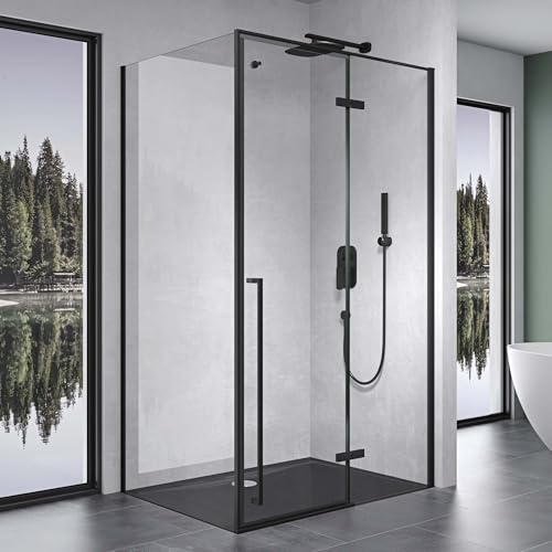 Mai & Mai Duschkabine Schwarz 75x120cm Eckdusche mit Handtuchhaken | Duschabtrennung 6mm ESG inkl. NANO-Beschichtung in Klarglas Ravenna64K