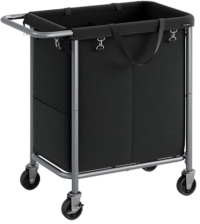 SONGMICS Laundry Basket on Wheels, 2-Compartment Laundry Hamper, 37 Gallons (140L), Removable Liner, Steel Frame with Handle, Large Linen Storage, 69 x 39 x 81 cm, Ink Black RLS004B01