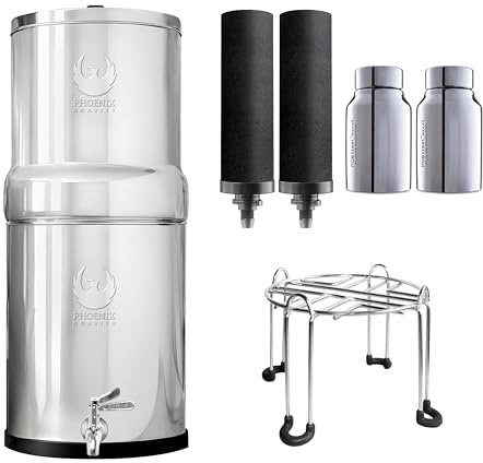 PHOENIX GRAVITY AISI 304 rostfritt stål 12 liter vattenfilter, NSF-certifierat, med 2 smarta kolfilter (svart) och 2 Postreat stål fluoridborttagare, hållare i