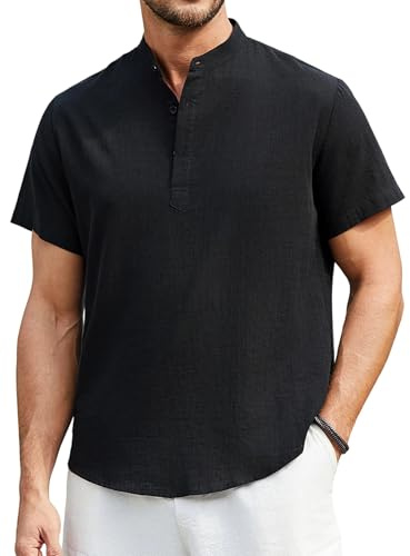 Enlision Chemise Homme Manches Courtes en Lin Chemises Noir Été Hommes Leger Col Mao Chemisette de Plage Classique Casual Henley Shirt L