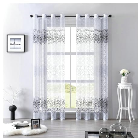 Daesar Vorhänge Grau 2er Set 86x138CM, Vorhänge Lichtdurchlässig mit Ösen Jacquard mit Blumen Motiv Gardinen Halbtransparent Küche Wohnzimmer
