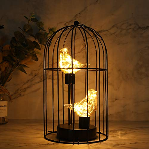 JHY DESIGN Birdcage Decorative Lamp Battery Operated 12 H Cordless Table Lamp with Warm White Fairy Lights Bird Bulb for Indoor Bedroom Living Room Home Wedding Xmas(Black)