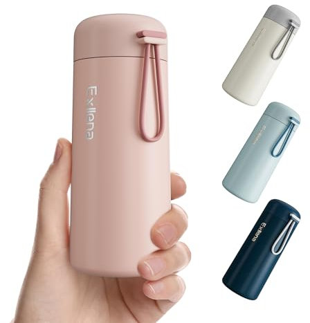 Exllena Small Flask 250ml Made of 304 Stainless Steel, Double Wall Vacuum Insulation for Hot&Cold Drinks, Mini Flask with Carry Handle - 100% Leakproof (Pink)