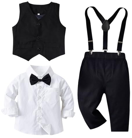 Set da 5 pezzi con gilet formale per bambini, per feste di nozze, camicia a maniche lunghe, papillon, gilet, pantaloni con bretelle, 5 pezzi, Bianco e nero, 3-4 Years