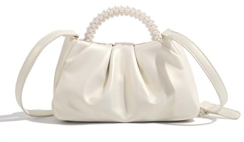 Damen Abendtasche, kleine Perlen Abendhandtaschen, weiches Leder clutch Perle hochzeit perlen gerüscht perlen handtasche Crossbody Umhängetaschen für Party weiss