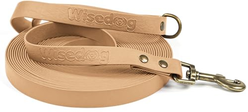 Wisedog Schleppleine für Hunde, wasserdicht & pflegeleicht Beige 15m | Robustes, wasserabweisendes Material, schnell trocknend, ideal für Regen, stabiler Karabiner, D-Ring, vintage