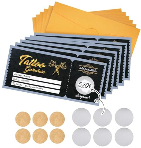 kodivenj 6 Stücke rubbellose,Tattoo Gutschein,rubbelkarten zum selber beschriften,gutschein rubbelkarte,Tattoo Goldenes Ticket,Rubbellose Selber Machen,Überraschungskarte zum Geburtstag