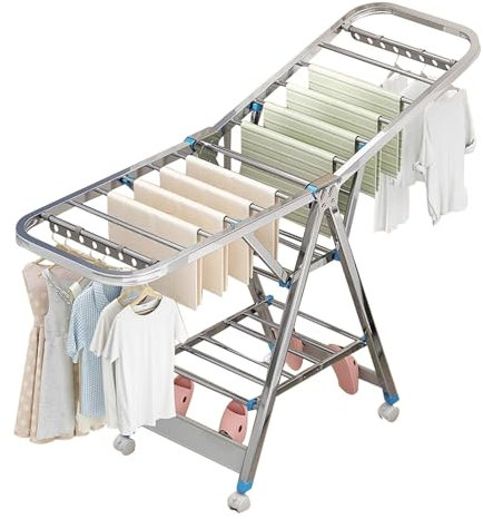 LKYLGYU Séchoir à Linge Pliable sur roulettes, étendoir à Linge avec Aile, étendoir à Linge pour sécher Le Linge en extérieur, séchoir à Linge, avec Crochets Coupe-Vent (160 cm)