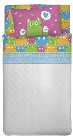 PENSIERI DELICATI Completo Letto Singolo 100% Cotone, Completo Lenzuola Singolo 90x200 Comprensivo di Lenzuolo Sotto, Lenzuolo Sopra e 1 Federa a Sacchetto, Made in Italy, Fantasia Happycat Multicolor