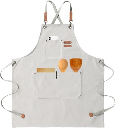 HIUOUIH Förkläde Kök BBQ Förkläde Justerbar Herr Arbetsförkläde Kvinnor med 3 Fickor Canvas Förkläden Kock för Restaurang Bar Restaurang Målning, Smutsig vit, 75 x 68cm