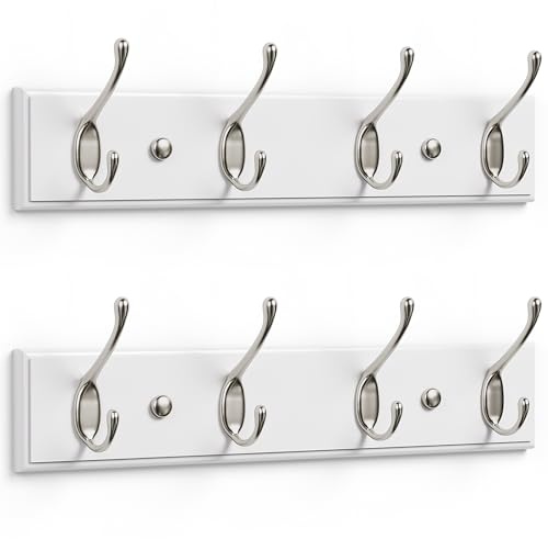 LARHN White Wall-Mounted Coat Rack, 2-Pack - 4 Matt-Nickel Coat Hooks, 42cm | Bamboo Base, Double Hooks, All Fixings & Install Video Included, Holds Coats, Jackets & Bags, for Hallway, Entryway & Bedroom
