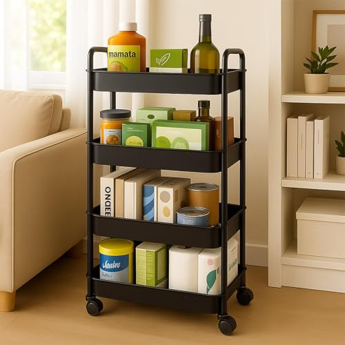powerking 4-Tier Rolling Utility Chariot, Étagères de Stockage Mobiles multifonctionnelles, Chariot d'organisateur Mobile pour Le Bureau, Salle de Bains, Salon, Cuisine, Lieux étroits (Noir, 4-Tier)