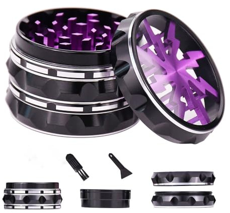 RILONRONG Large 2.5 4 Pieces Metal Herb Grinder-Heavy Duty Aluminum Spice Grinder with Magnetic Lid, Sharp Teeth, Pollen Scraper & Cleaning Brush Grinders for Basil, Rosemary, Bay Leaves(Purple)