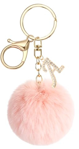 JSRQT Schlüsselanhänger Buchstabe A mit Rosa Pompons, Kristall Metall Namens Alphabet Schlüsselanhänger für Frauen Mädchen, Weicher Plüsch Taschenanhänger Keychian für Handtaschen Rucksack Dekor