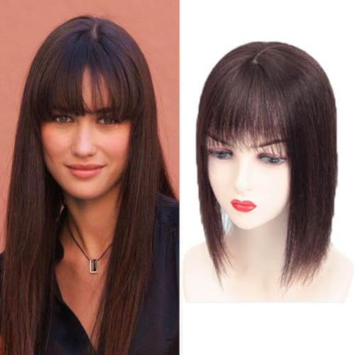 RemeeHi Glattes Toupet für Damen, Echthaar, Perücke, dünnes Haar, handgefertigt mit 3 Clips, größere Basis, 13 x 13,30 cm, natürliche Farbe
