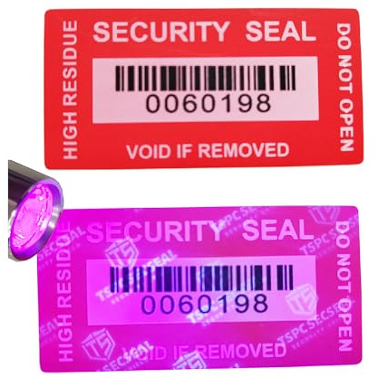 TSPC SECSEAL 100pcs 25x50mm Fluorescent Mark Total Transfer Security Tamper Evident Anti Counterfeit Tamper Proof Stickers Labels Seals (1x2 Inches,Barcode,Matte Red)
