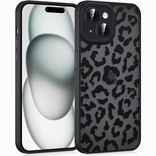 Coqinen Handyhülle für iPhone 15 Hülle, Matt Transluzente Case mit Stilvolle Leopard Muster, Silikon Aesthetic Schutzhülle mit Kratzfeste PC Rückseite + Stoßfest TPU Bumper - Schwarz