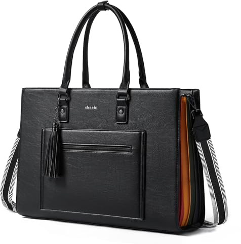 Shrrie Bolsa para laptop de 16 pulgadas para mujer, moderno bolso de diseño de arco iris, bolsa de cuero impermeable bolso vintage para portátil, Bicolor Negro