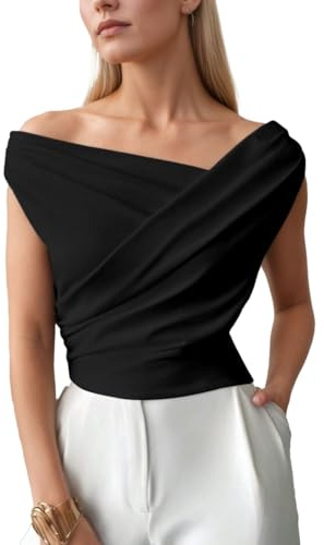 EMOTTOS Top Donna Y2K, Top Corto Pieghe Incrociate, Sexy Asimmetrico Spalle Scoperte, Senza Maniche, vestibilità Slim, Tessuto Elasticizzato Ragazze Feste estive e Festival, Nero, Taglie L